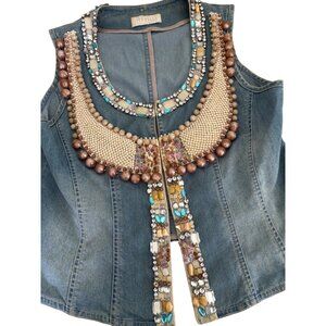 Vintage  Lynn Adler Hand Beaded Denim Vest With Rhinestones & Pearls